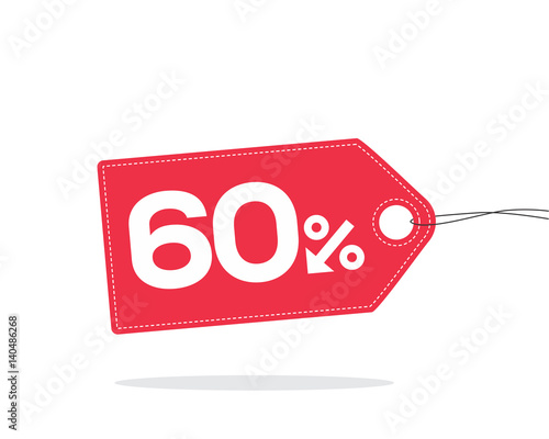 Red price tag label with 60% text designed with an arrow percent icon and stitches on it with shadow isolated on white background. For sale campaigns.
