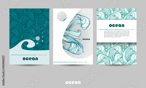 A4 Title Sheet Template. Background on the marine theme. Image of waves, sea, ocean. Menu design, invitations, covers, or your projects.