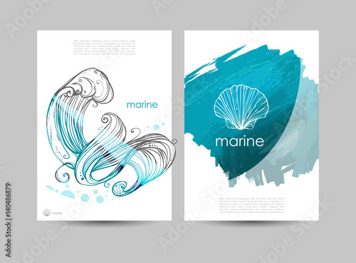  A4 Title Sheet Template. Background on the marine theme. Image of waves, sea, ocean, shell. Menu design, invitations, covers, or your projects. Vector paint blot.