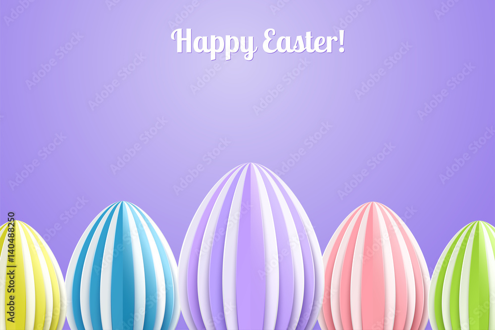 Vector Happy Easter Greeting Card with Color Paper Easter Eggs on Purple  Background