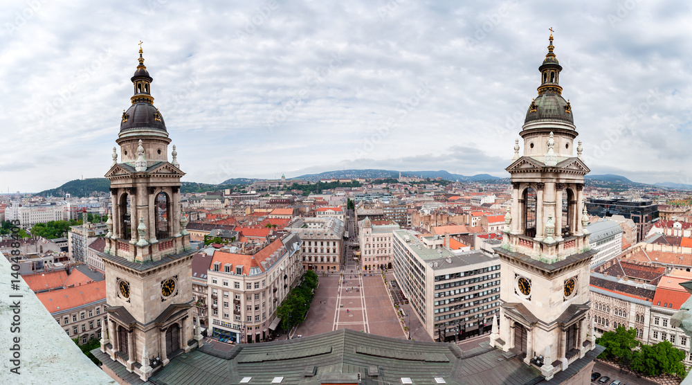 Basilica of Saint Istvan in Budapest, Hungary. Panorama of the city from the dome of the cathedral.