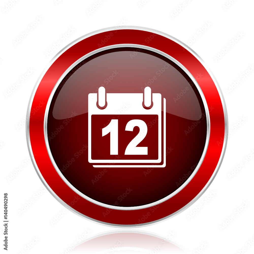 Calendar red round glossy metallic web and smartphone vector icon isolated on white background. Calendar red round glossy metallic web and smartphone vector icon isolated on white background.