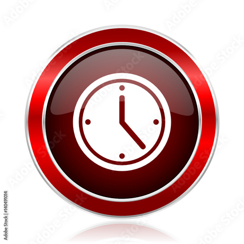 Time red round glossy metallic web and smartphone vector icon isolated on white background.             
