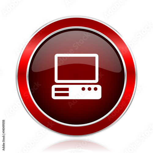 Computer red round glossy metallic web and smartphone vector icon isolated on white background.             
