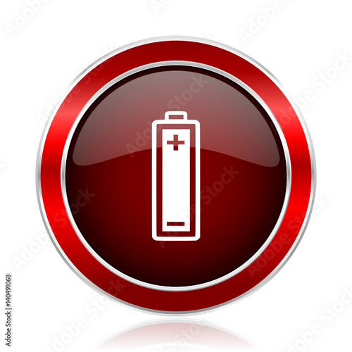 Battery red round glossy metallic web and smartphone vector icon isolated on white background.             

