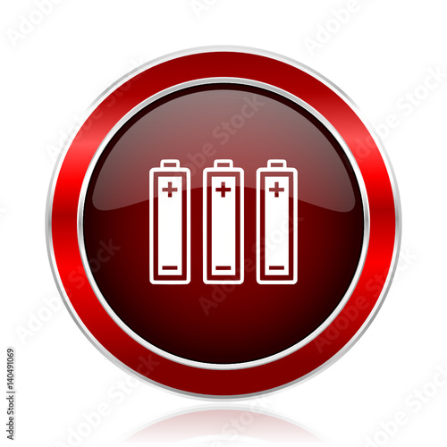 Battery red round glossy metallic web and smartphone vector icon isolated on white background.             
