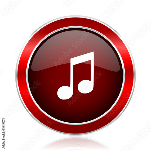 Music red round glossy metallic web and smartphone vector icon isolated on white background.             
