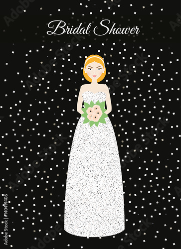 Bridal shower card with smiling happy bride. Woman in glittering fashion wedding dress and silver glitters. Vector illustration, invitation template
