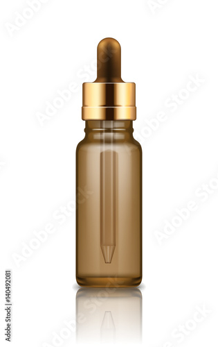 Vector realistic blank template of glass bottle with dropper for organic aromatic essential oil. Mock-up of package. Empty and clean 3d white plastic container for liquid, essence.