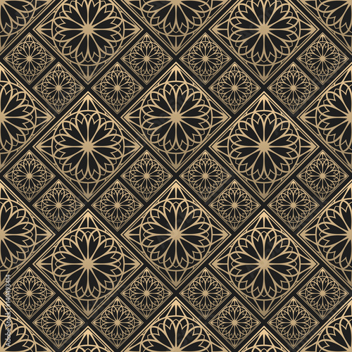 Seamless pattern oriental ornament. Black and golden textile print. Islamic vector design. Floral tiles.