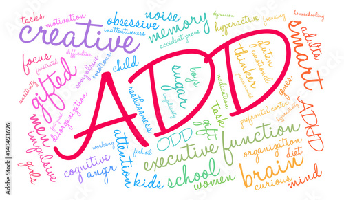 ADD ADHD word cloud on a white background. 