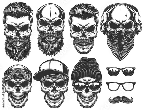 Set of different skull charactres with different modern street style city attributes. Monochrome style. Isolated on white background photo