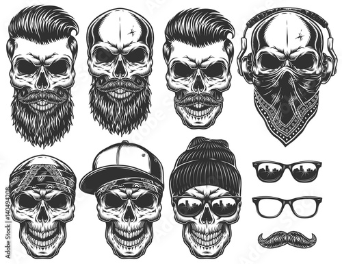 Set of different skull charactres with different modern street style city attributes. Monochrome style. Isolated on white background