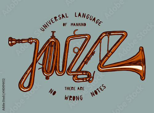 jazz word made of trumpet vintage print 