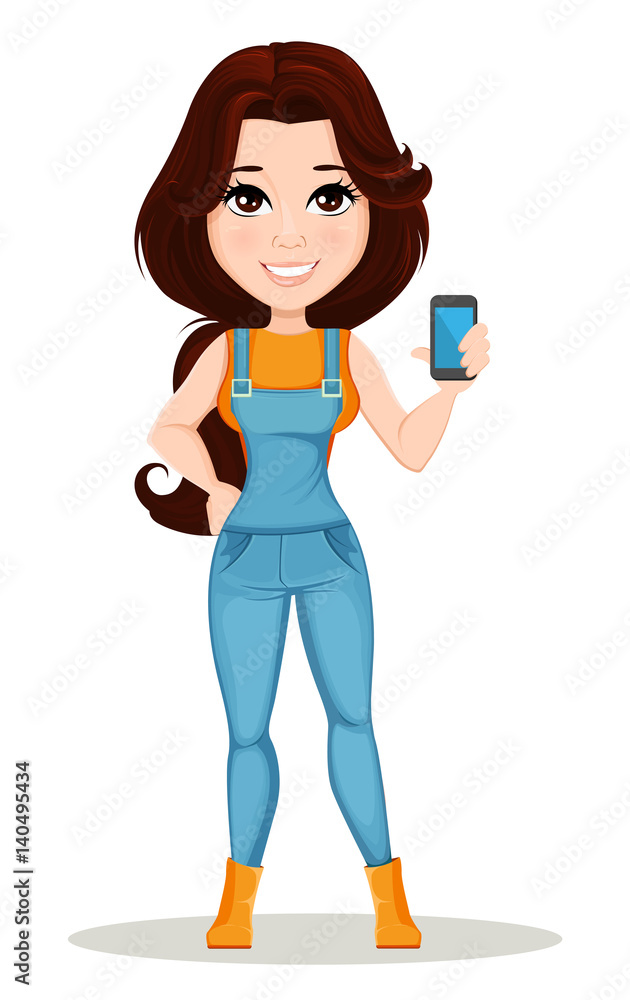 Farmer girl dressed in work jumpsuit. Cute cartoon character holding smartphone. Can be used for animation, as design element and in any farm related project. Dismantled over the layers. Vector