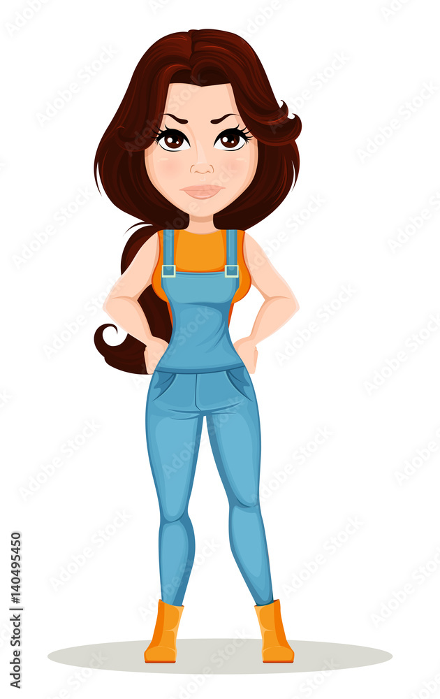 Farmer girl dressed in work jumpsuit. Cute cartoon character showing anger. Usable for animation, as design element and in any farm related project. Dismantled over the layers. Vector Farmer girl dressed in work jumpsuit. Cute cartoon character showing anger. Usable for animation, as design element and in any farm related project. Dismantled over the layers. Vector