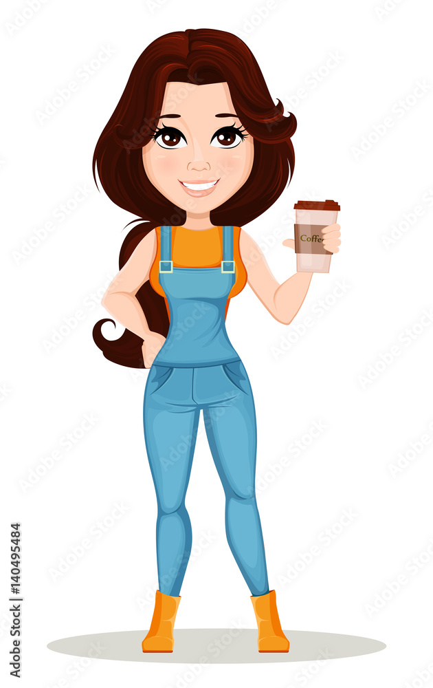 Farmer girl dressed in work jumpsuit. Cute cartoon character holding hot  tasty coffee. Can be used