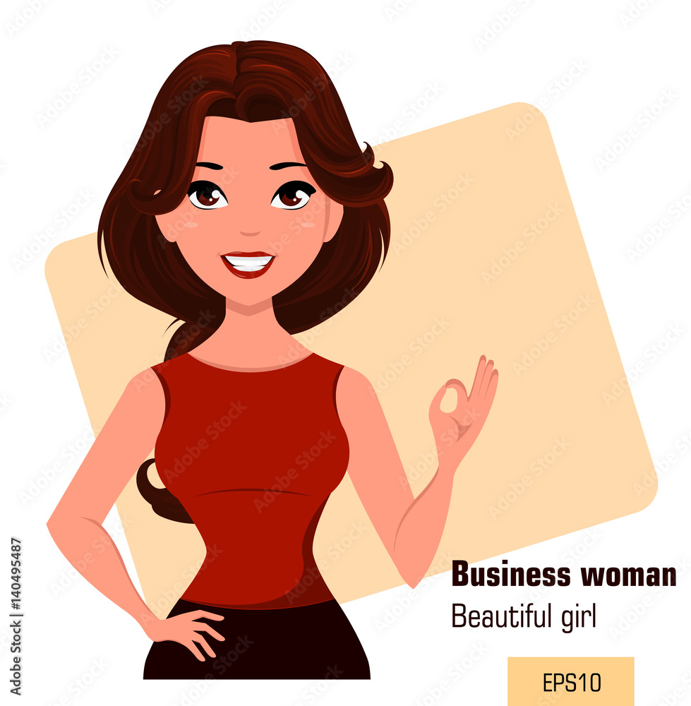 Young cartoon businesswoman dressed in office clothes showing OK gesture. Beautiful brunette girl. Fashionable modern lady. Vector illustration. EPS10 Young cartoon businesswoman dressed in office clothes showing OK gesture. Beautiful brunette girl. Fashionable modern lady. Vector illustration. EPS10