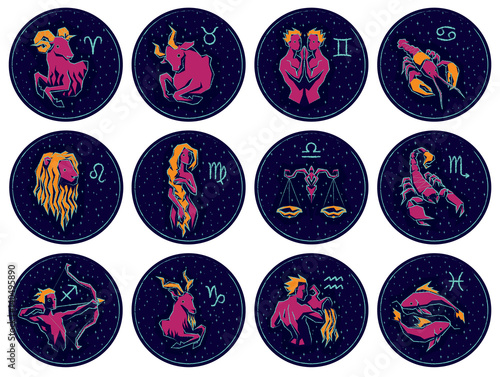 Vector illustration of Zodiac Signs on Night Starry Sky Background.