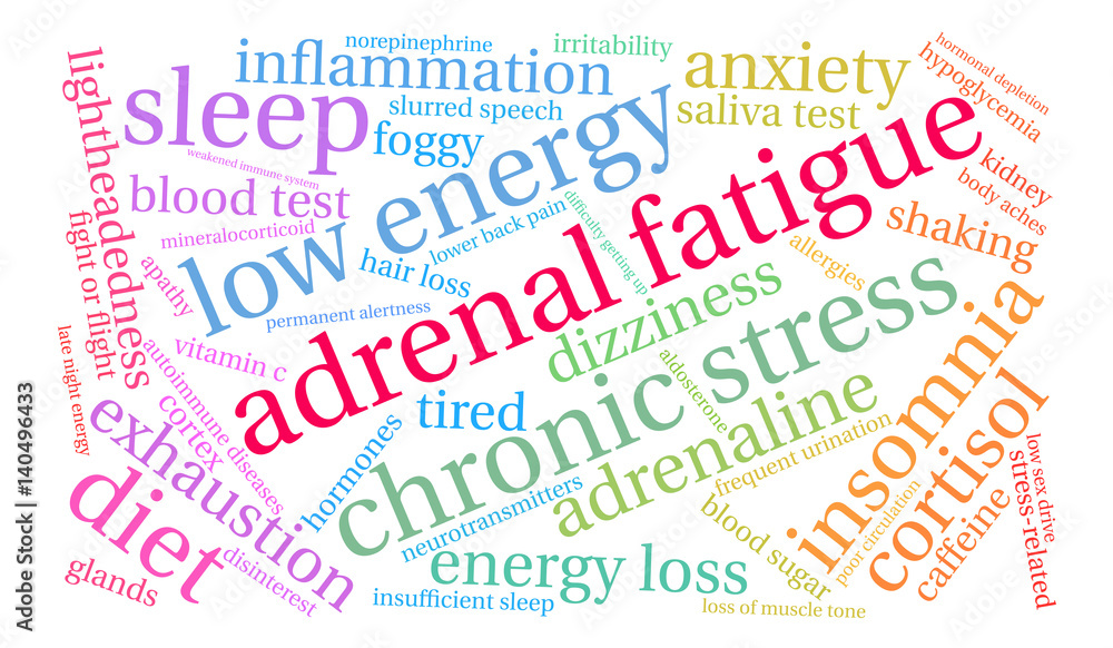 Adrenal Fatigue Word Cloud on a white background. Adrenal Fatigue Word Cloud on a white background.