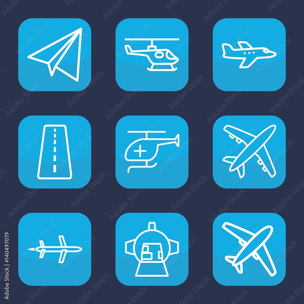 Set of 9 outline aircraft icons Set of 9 outline aircraft icons