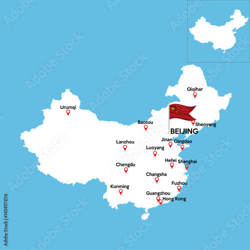 A detailed map of China with indexes of major cities of the country. National flag of the state. Vector illustration.