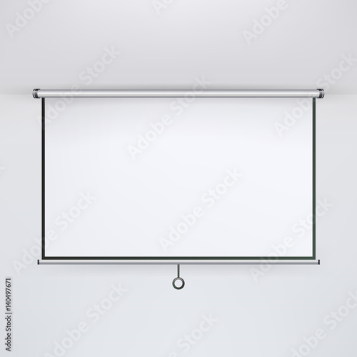 Meeting Projector Screen Vector. Hanging Projection Screen Isolated On White. Empty Presentation Board, Blank Whiteboard For Conference.