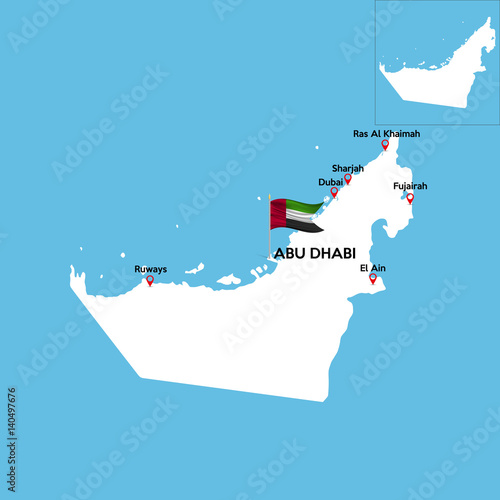 A detailed map of United Arab Emirates with indexes of major cities of the country. National flag of the state. Vector illustration.