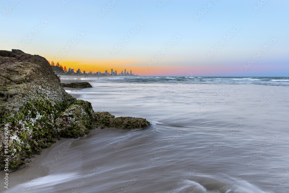 Sunset with ocean tide at Miami Headland Gold Coast
