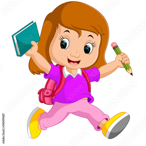 Cute girl go to school cartoon