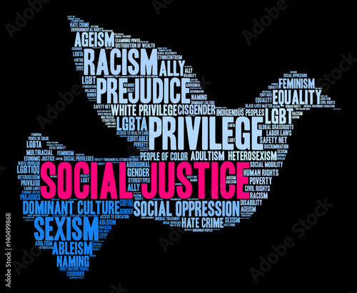 Social Justice Word Cloud on a black background.