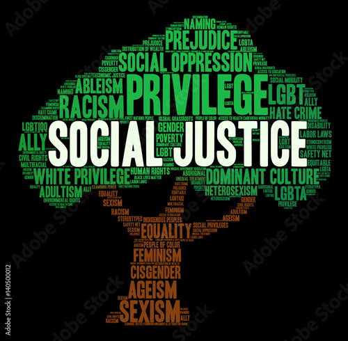 Social Justice Word Cloud on a black background.