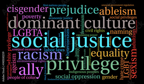 Social Justice Word Cloud on a black background. 