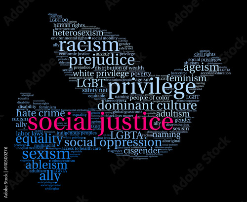 Social Justice word cloud on a black background.