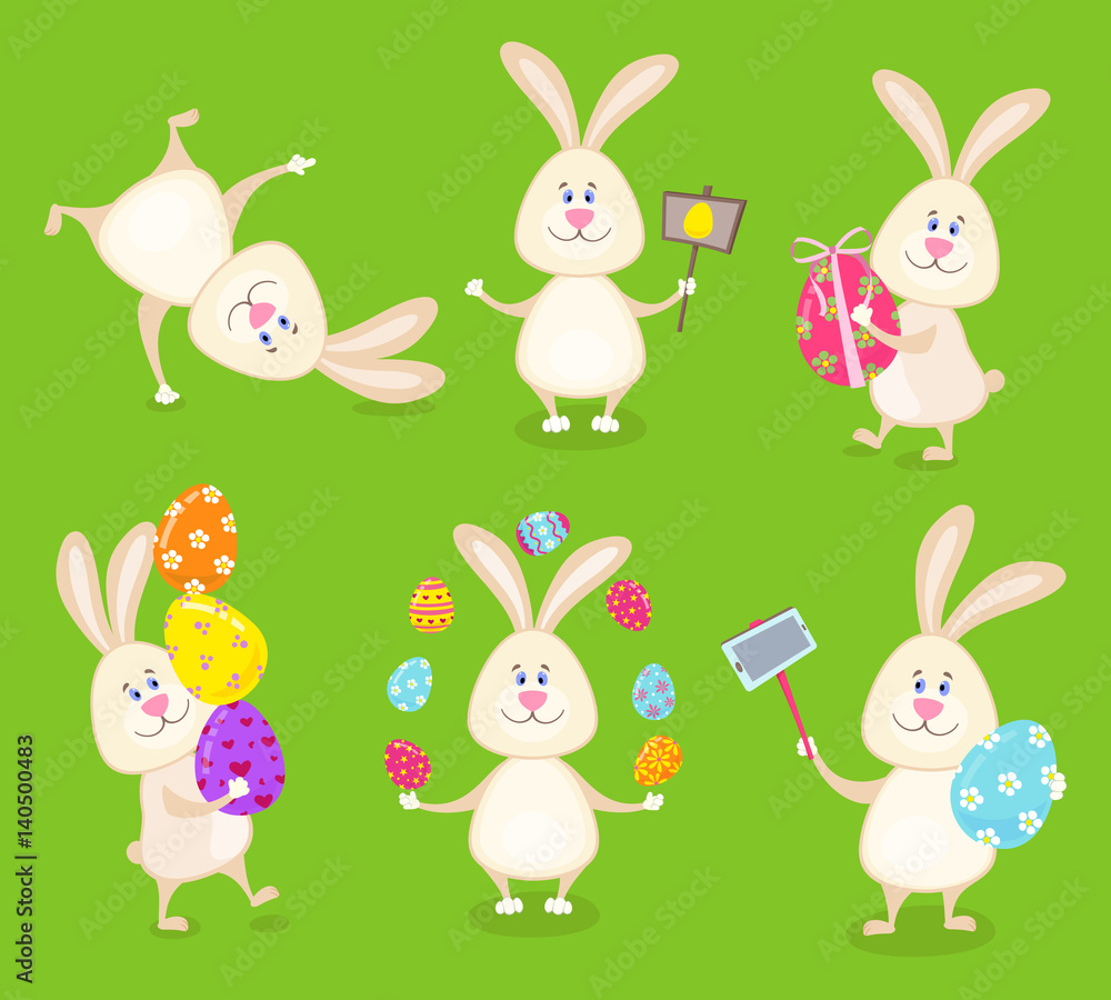 Set of cute Easter rabbits with Easter eggs and banners. Set of cute Easter rabbits with Easter eggs and banners.