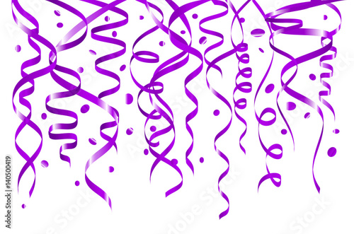 purple glitter frame background Celebration white background template with confetti and violet ribbons. Vector illustration