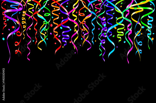 Colourful confetti on a black background. Celebration template ribbons. Vector illustration