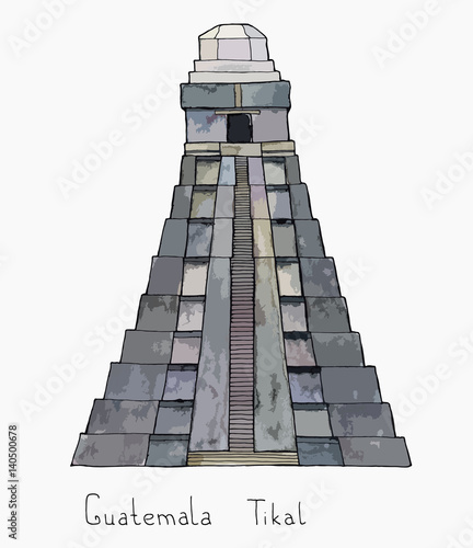 Hand drawn architecture sketch illustration of Guatemala Tikal Mayan pyramid with lettering colored vector