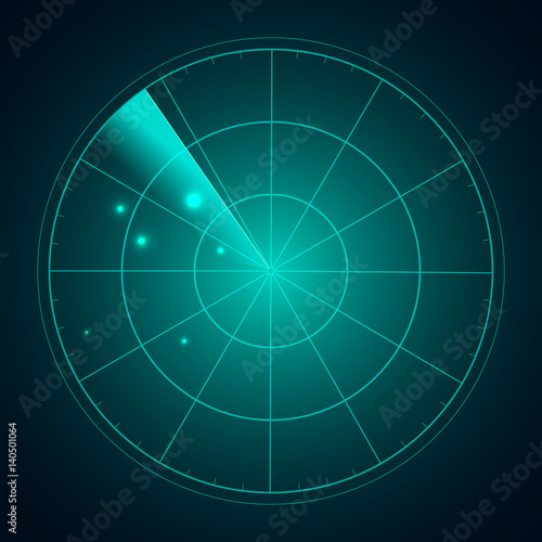 Blue radar screen with targets in process ,dynamic illustration . Conceptual design of radar screen. Vector.