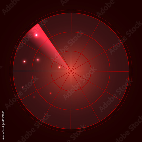 Red radar screen with targets in process ,dynamic illustration . Conceptual design of radar screen. Vector.