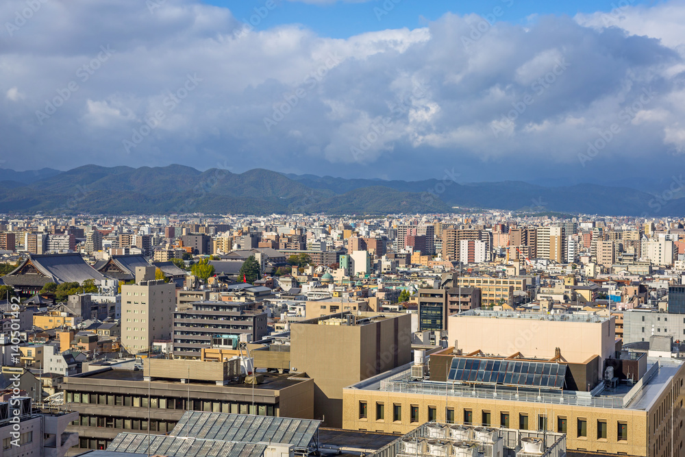 Cityscape of Kyoto city center in cloudy day, Japan.