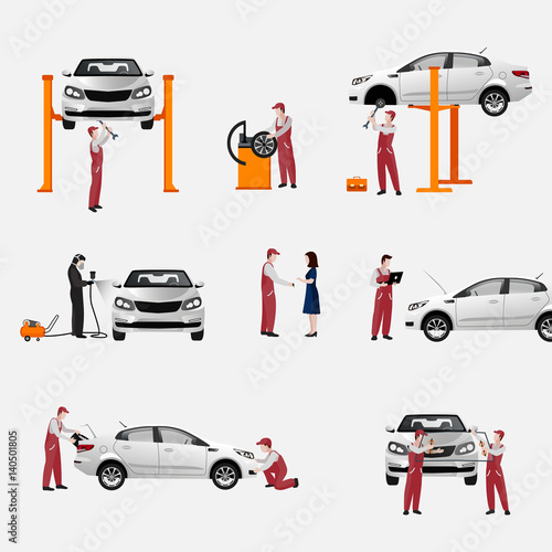 A flat set of auto repair icons, workers in the process of repairing cars and tires, replacing car parts, isolated vector illustration