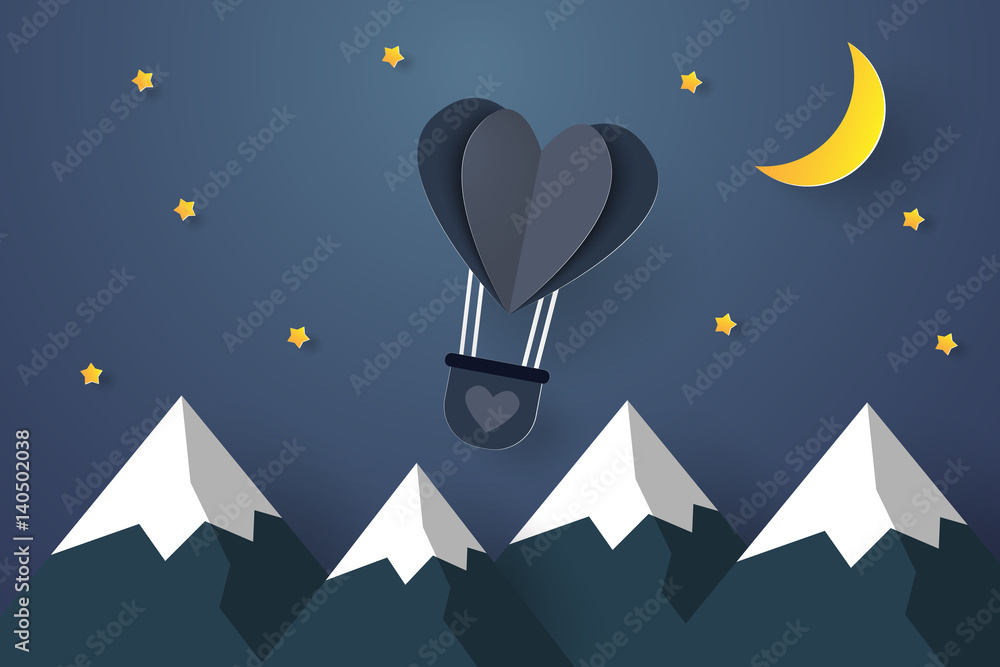 Obraz premium Hot air balloons in the shape of a heart flying over mountain in the night sky , moon , stars and meteor , paper art style