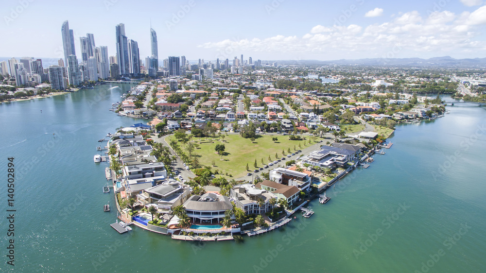 Aerial view of Cronin and Chevron Islands, facing south towards Surfers Paradise Gold Coast 