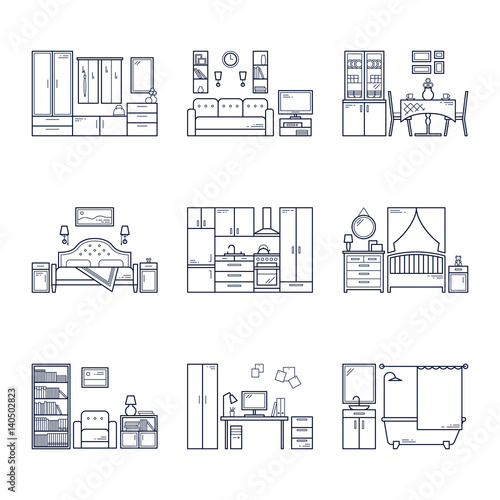 Set of vector interior design rooms in line black and white style. Illustration of living room, hallway, dining room, bedroom, kitchen, nursery, cabinet, workspace, bathroom.