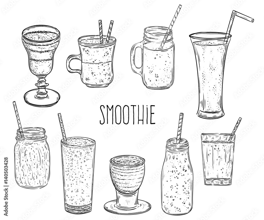 Smoothie set. Healthy food. Isolated elements. Hand drawn vector