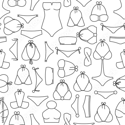 Vector illustration of women's swimsuit design seamless pattern. Fashion bikini collection. Female stylish swimwear silhouettes isolated. Flat beach clothing underwear set.