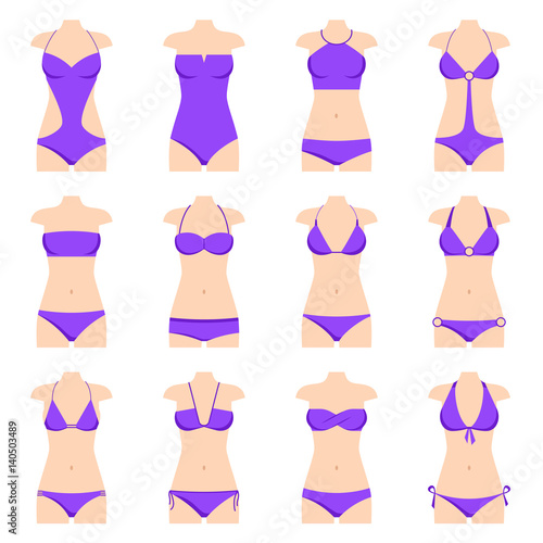 Vector illustration of women's swimsuit design set. Fashion bikini collection. Female stylish swimwear silhouettes isolated. Flat beach clothing underwear.