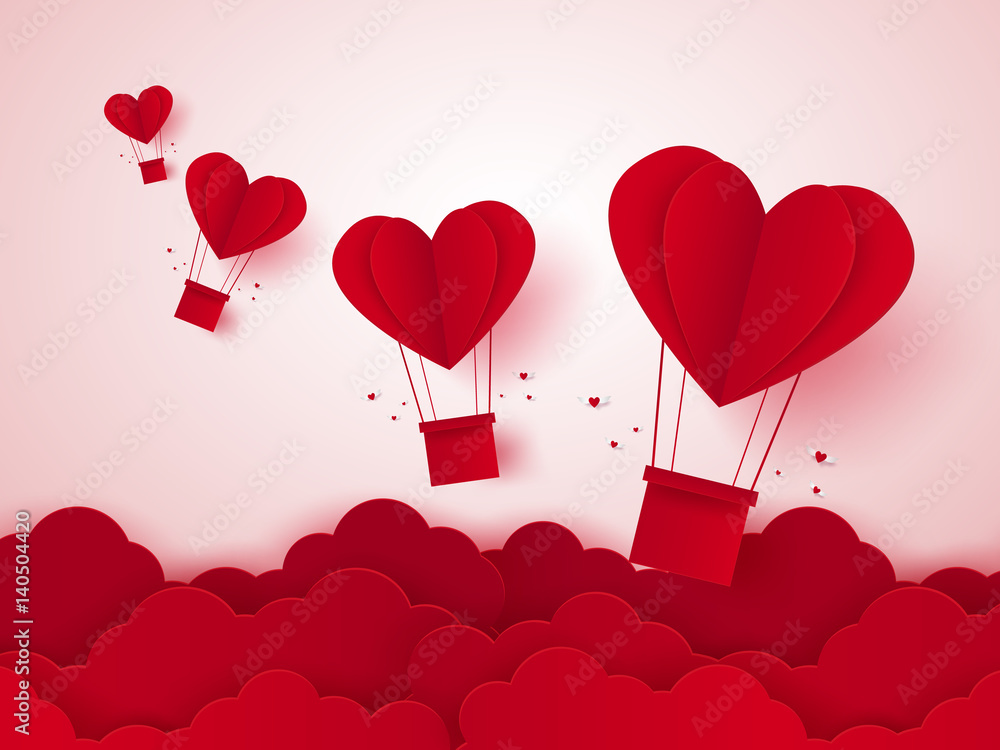 Fototapeta Walentynki, ilustracja miłości, balon w kształcie serca latający na niebie, papierowy styl sztuki