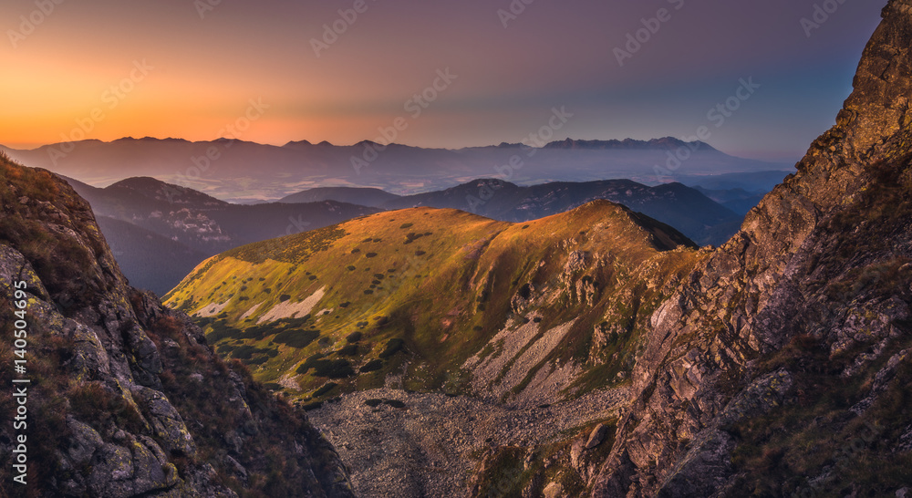 Mountain Landscape in Colourful Sunset. View from Mount Dumbier in Low Tatras, Slovakia. West and High Tatras Mountains in Background.